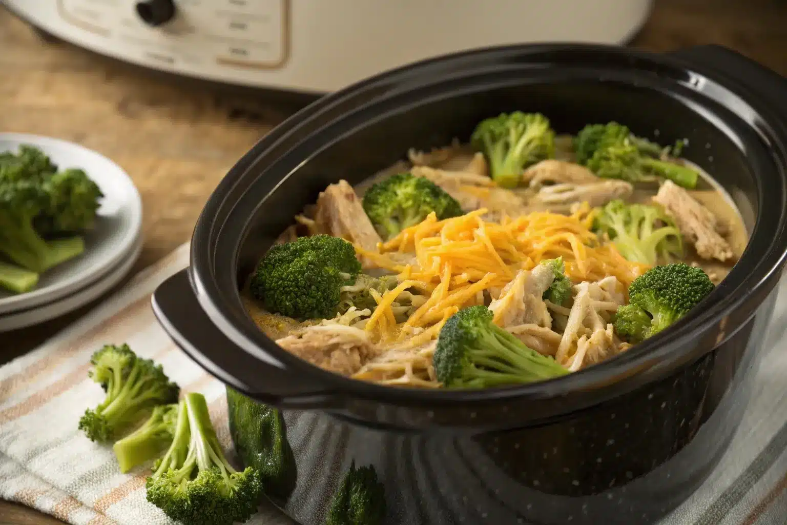 A slow cooker filled with shredded chicken in a creamy sauce, topped with melted cheese and fresh broccoli, set on a rustic kitchen countertop.