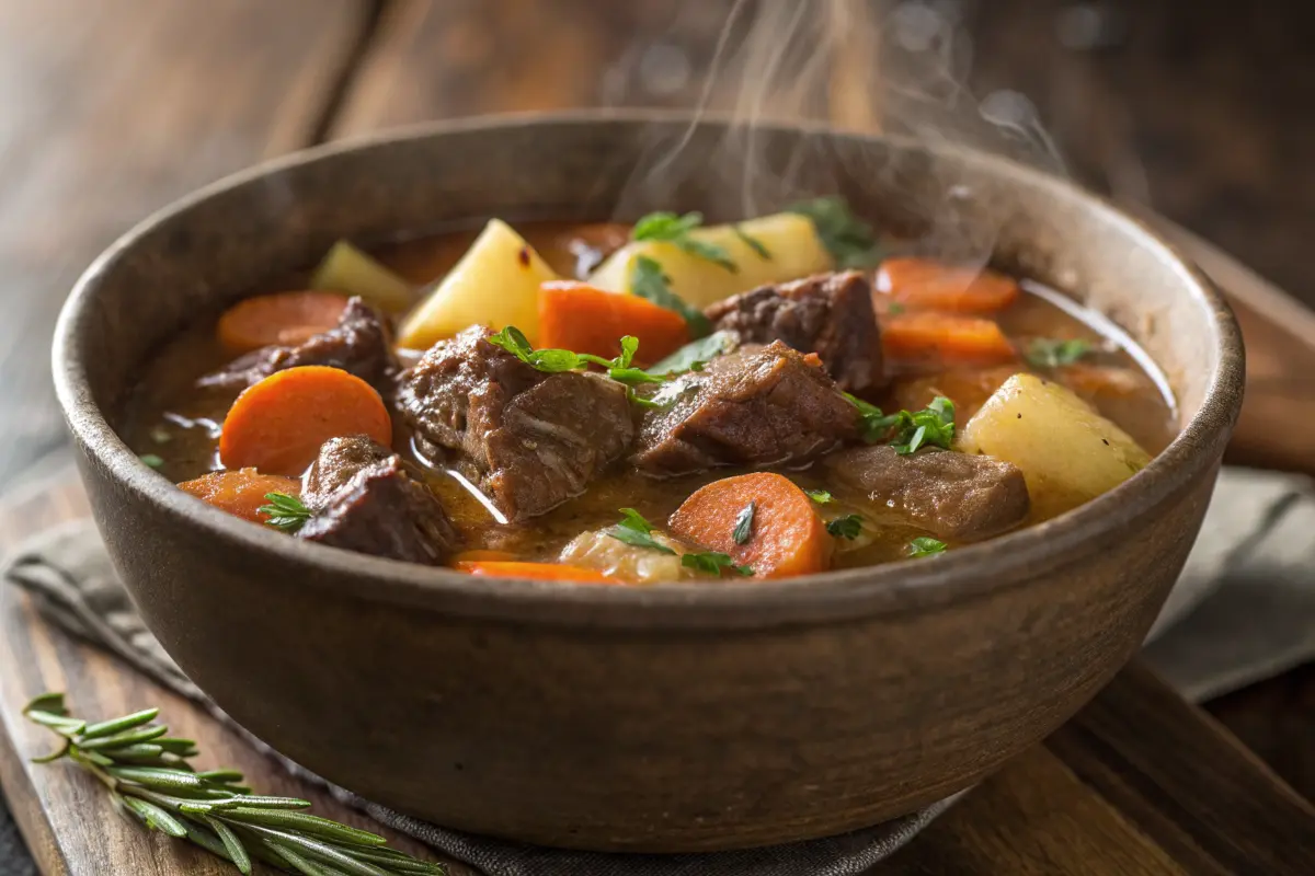 A close-up shot of a rustic bowl filled with steaming venison stew, showcasing tender chunks of meat, carrots, and potatoes, garnished with fresh herbs like thyme and parsley