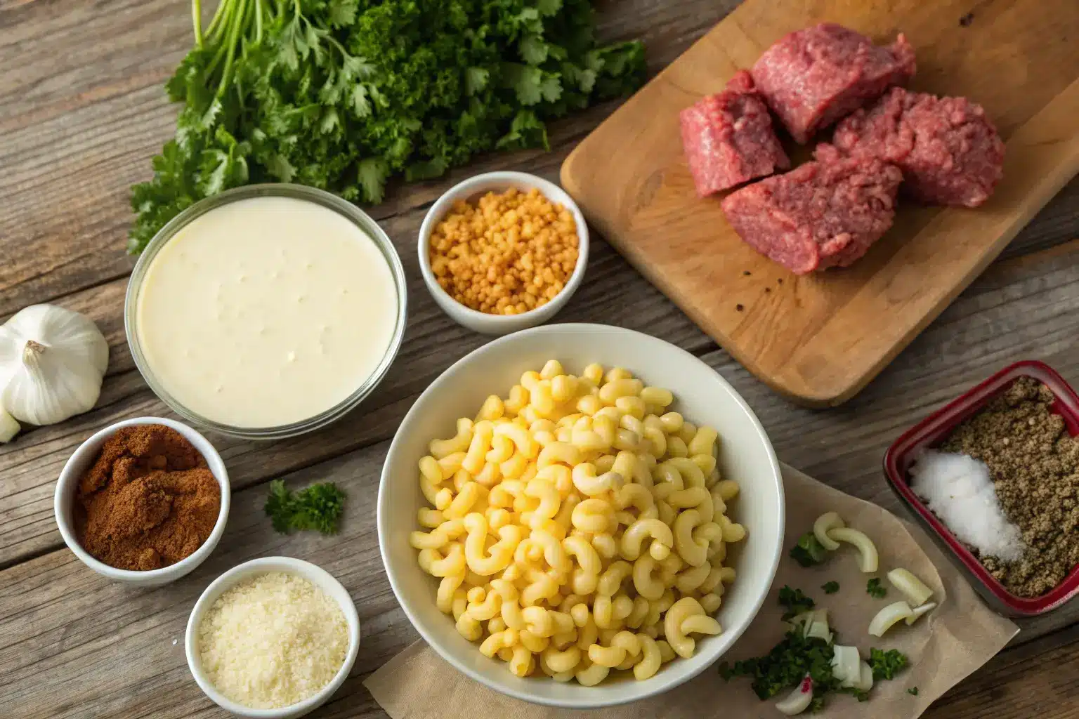 A colorful assortment of fresh ingredients for mac and cheese meatloaf casserole, including elbow macaroni, cheese sauce, ground beef, onions, garlic, breadcrumbs, and herbs on a rustic wooden countertop.