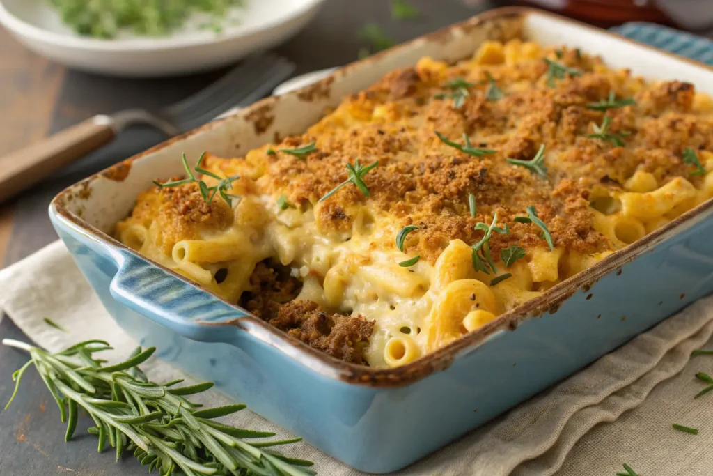 A golden-brown mac and cheese meatloaf casserole with a crispy breadcrumb topping, melted cheese oozing from the edges, and garnished with fresh herbs in a rustic baking dish.