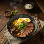 bowl of restaurant-style beef ramen noodles with sliced beef