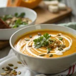 garnished butternut squash and red pepper soup