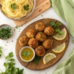Crispy, golden turkey meatballs sit on a rustic wooden platter, garnished with fresh parsley and accompanied by zesty lemon wedges. A side of gluten-free pasta and a bowl of rich marinara sauce complete the spread